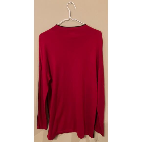 Chico’s Size 1 Red Long Sleeve Cotton Blend Top Black Piping Trim Neck & Sleeves - Picture 2 of 7